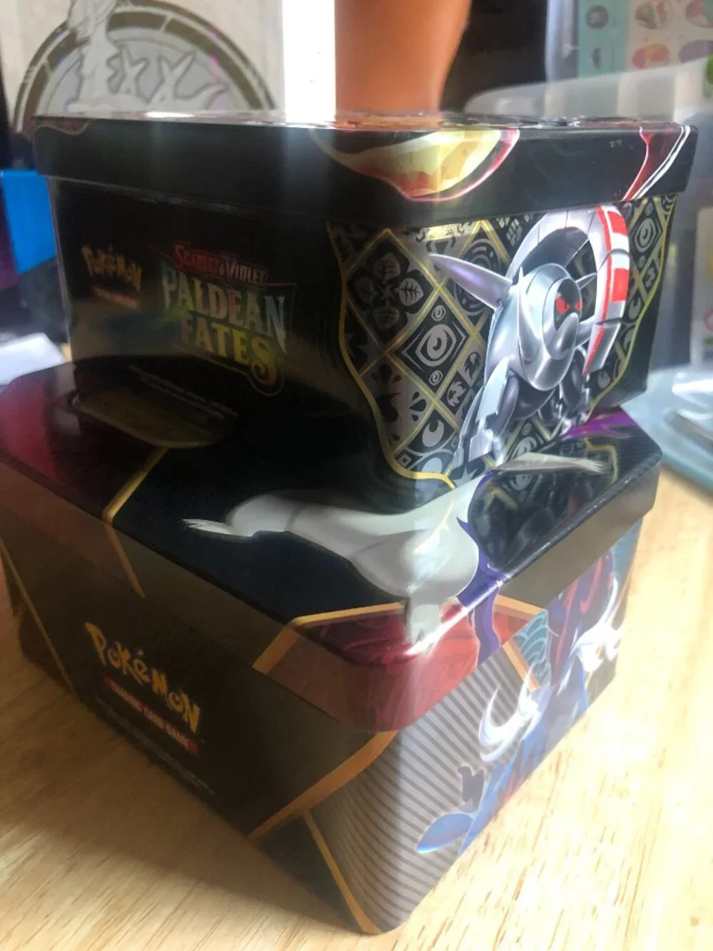 Empty Collector Tins & Paldean Fates Storage Box Lot